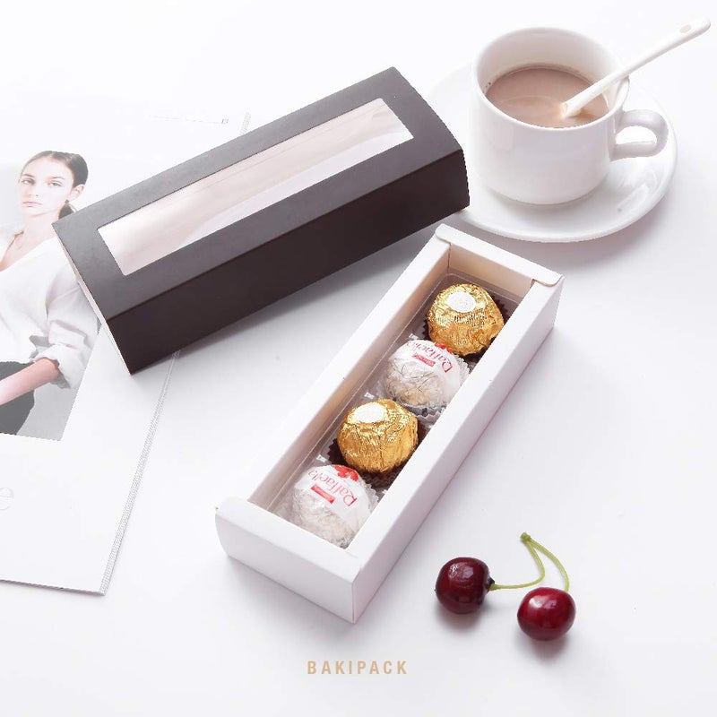 BAKIPACK 20 Truffle Boxes, Chocolate Boxes, Candy Boxes Packaging with 4-Piece Plastics Tray (Tray Size with 5.75x1.25 Inches), Pull Out Packing with Clear Window Sleeves, Dark Brown - Image 2